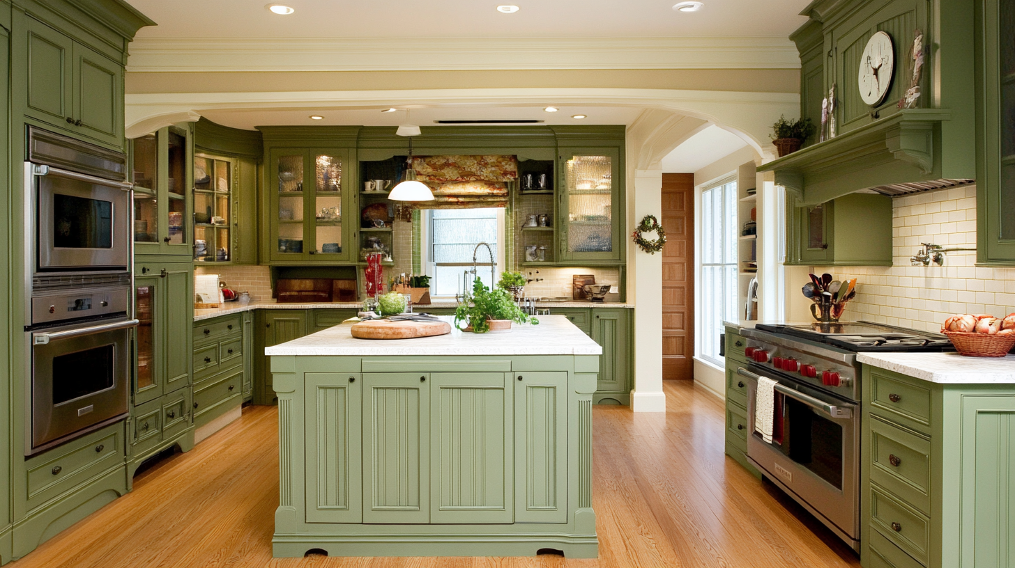 Full sage green cabinetry with kitchen island and white marble countertop in a classic open-plan kitchen.