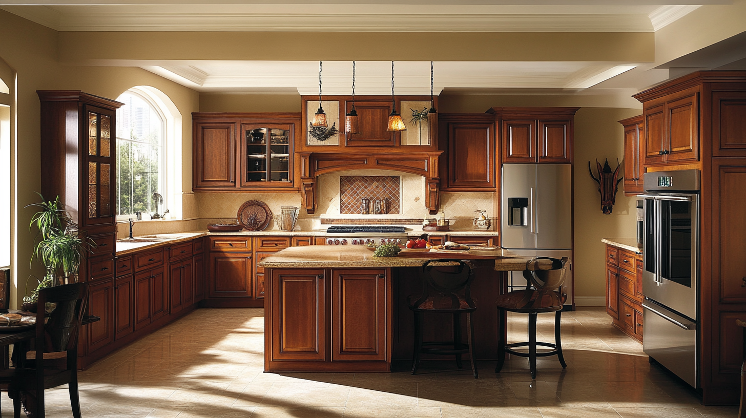Traditional kitchen with cherry wood cabinets, beige walls, and detailed crown molding for a rich and timeless style.