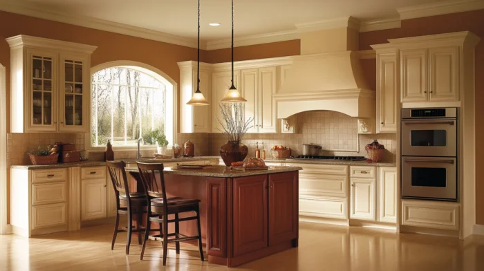 Cream kitchen cabinets paired with a cherry wood island in a traditional kitchen design, showing warm, complementary color matching — ideal for kitchen cabinets colors inspiration.