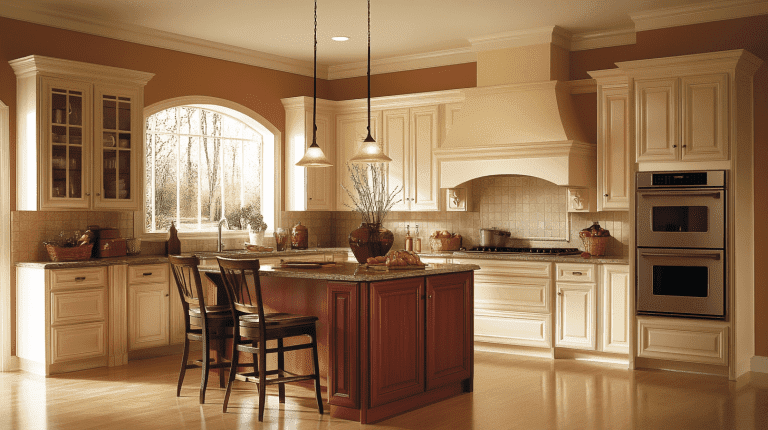 Cream kitchen cabinets paired with a cherry wood island in a traditional kitchen design, showing warm, complementary color matching — ideal for kitchen cabinets colors inspiration.