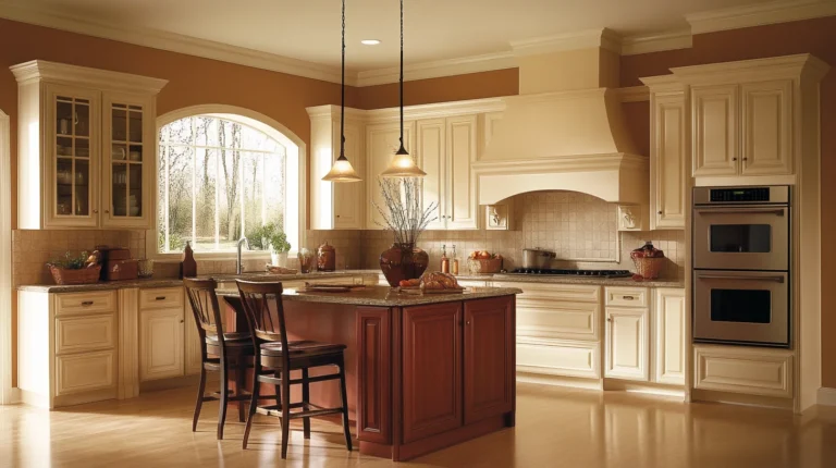 Cream kitchen cabinets paired with a cherry wood island in a traditional kitchen design, showing warm, complementary color matching — ideal for kitchen cabinets colors inspiration.