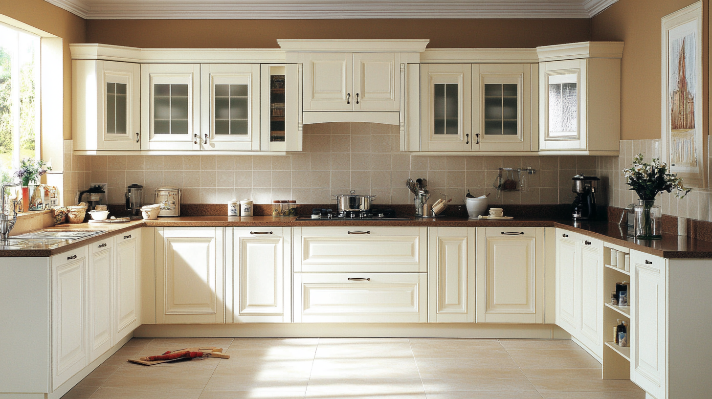 Creamy white kitchen cabinets with glass inserts and a beige tile backsplash in a traditional setting.