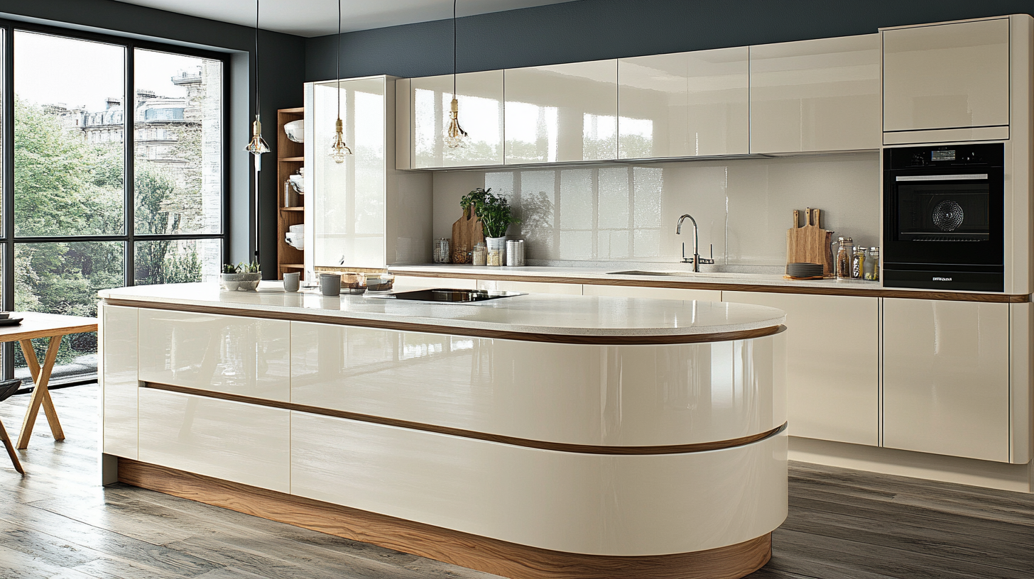 Sleek modern kitchen with glossy white curved island and handleless cabinets.
