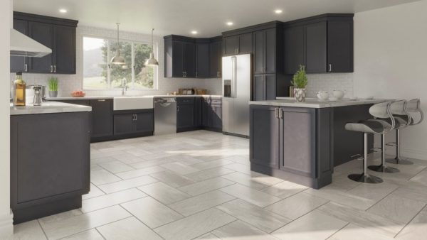 gray ready to assemble cabinets in large kitchen space