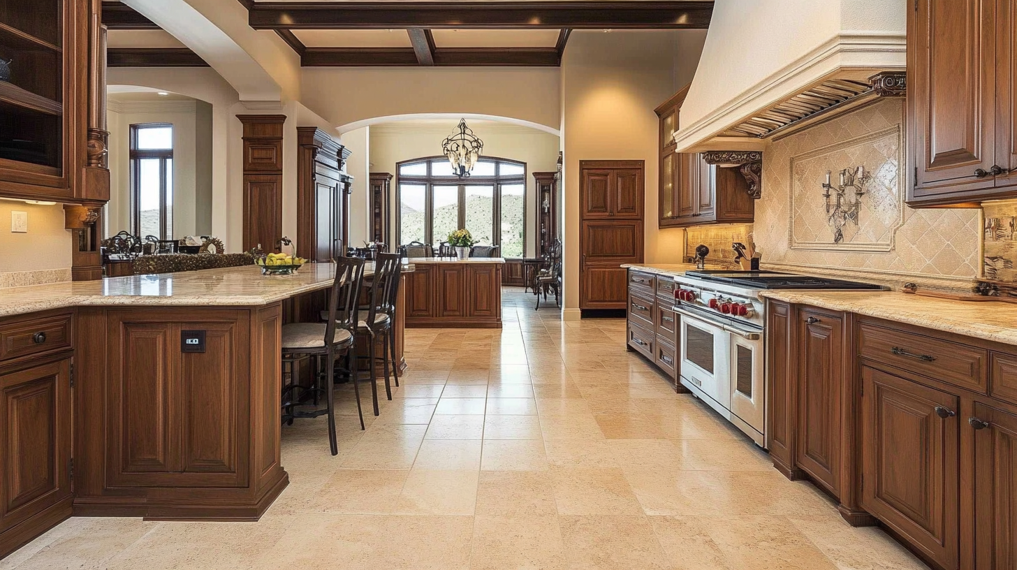 Dark wood kitchen cabinets paired with light-colored tile floors and granite countertops in a traditional kitchen.
