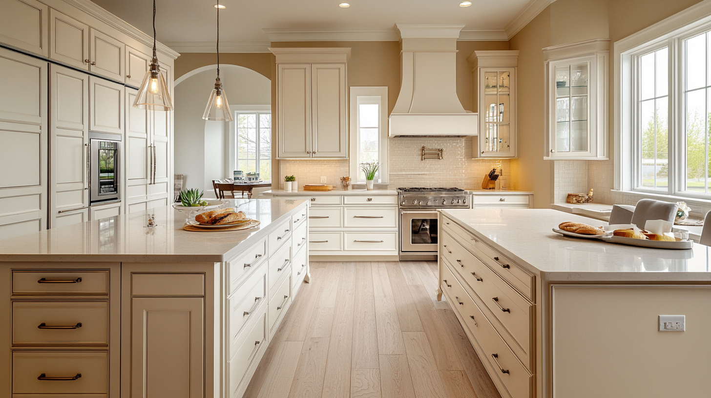 Light wood kitchen floor matched with beige cabinets and white countertops in a bright, elegant layout.