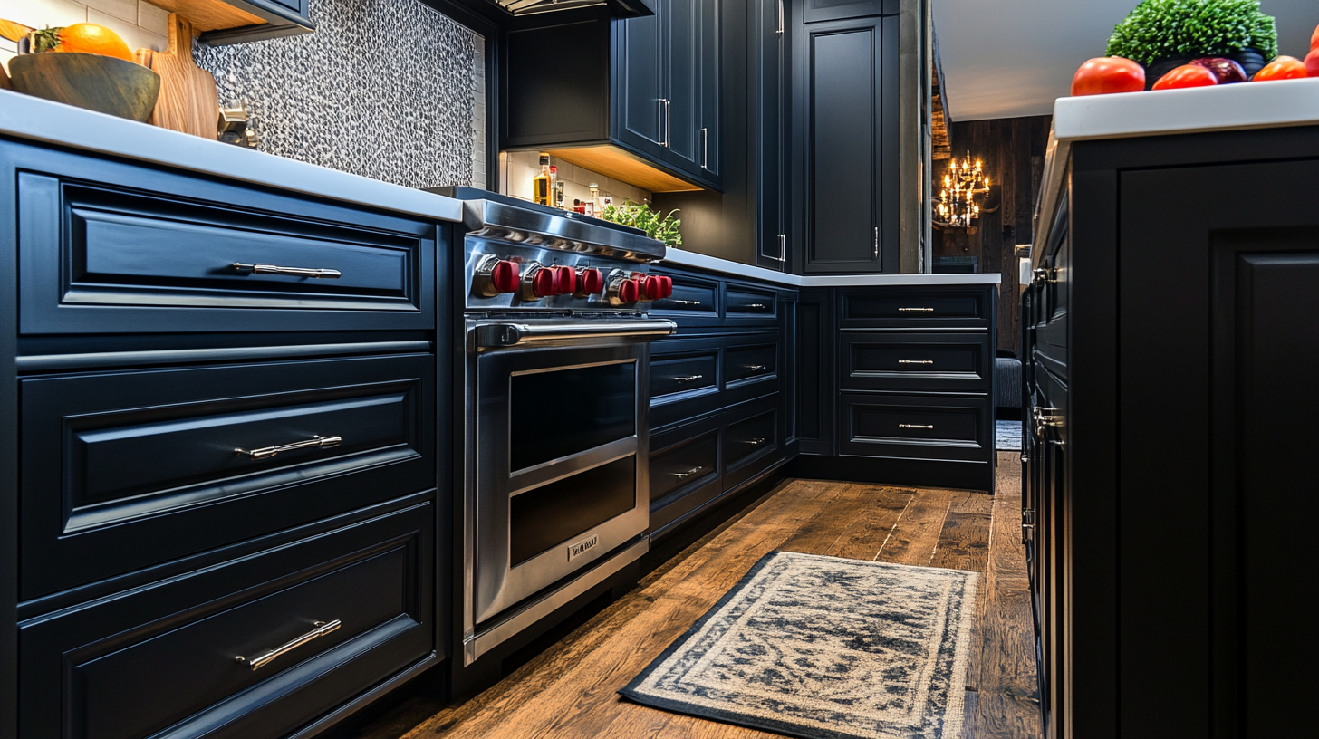 Sleek matte black kitchen cabinets with white countertops and wood floors.