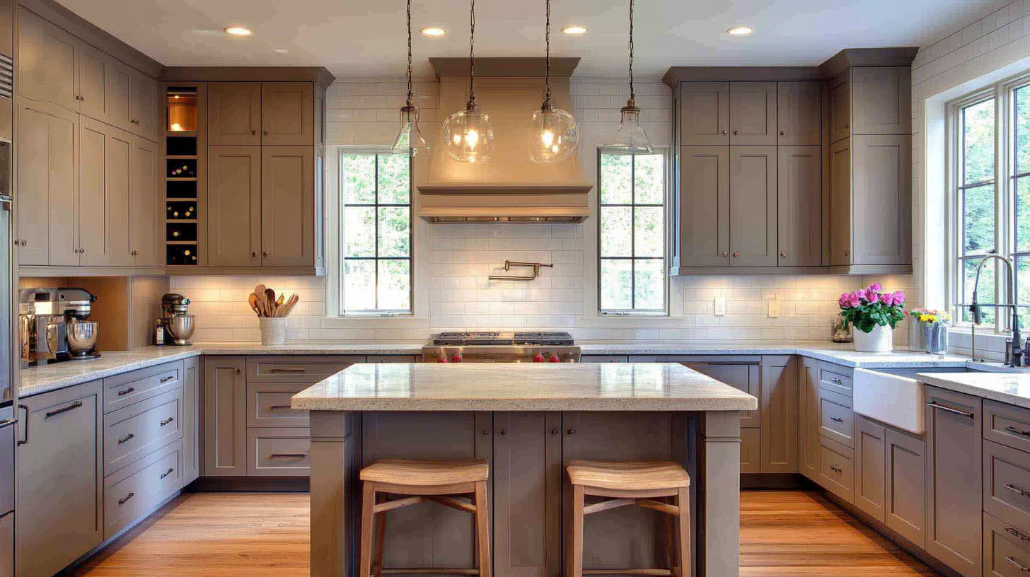 U-shaped kitchen with taupe cabinets, white tile backsplash, and a light wood floor.
