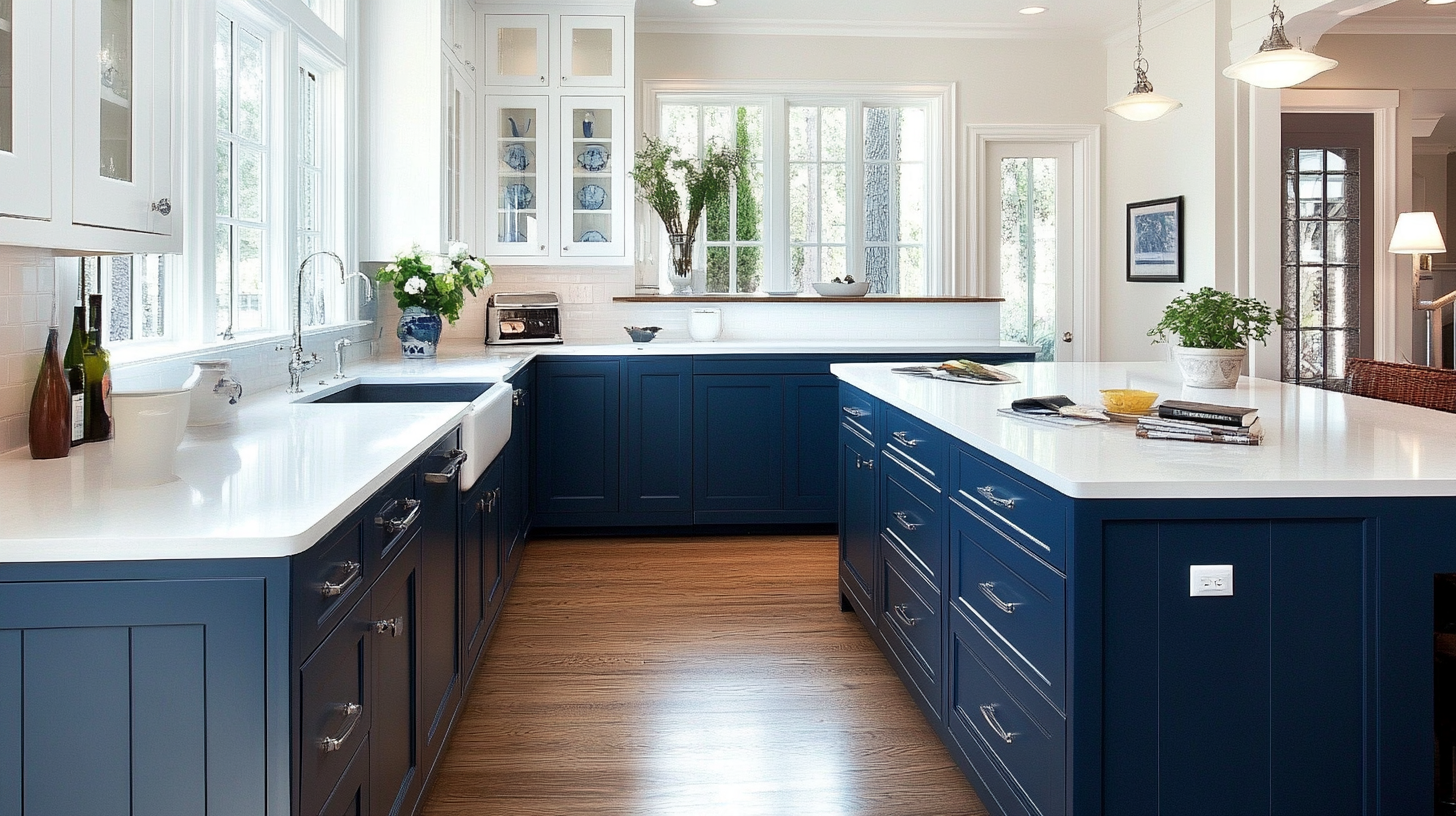 Kitchen with navy lower cabinets, bright white countertops, and light neutral walls for contrast and balance.
