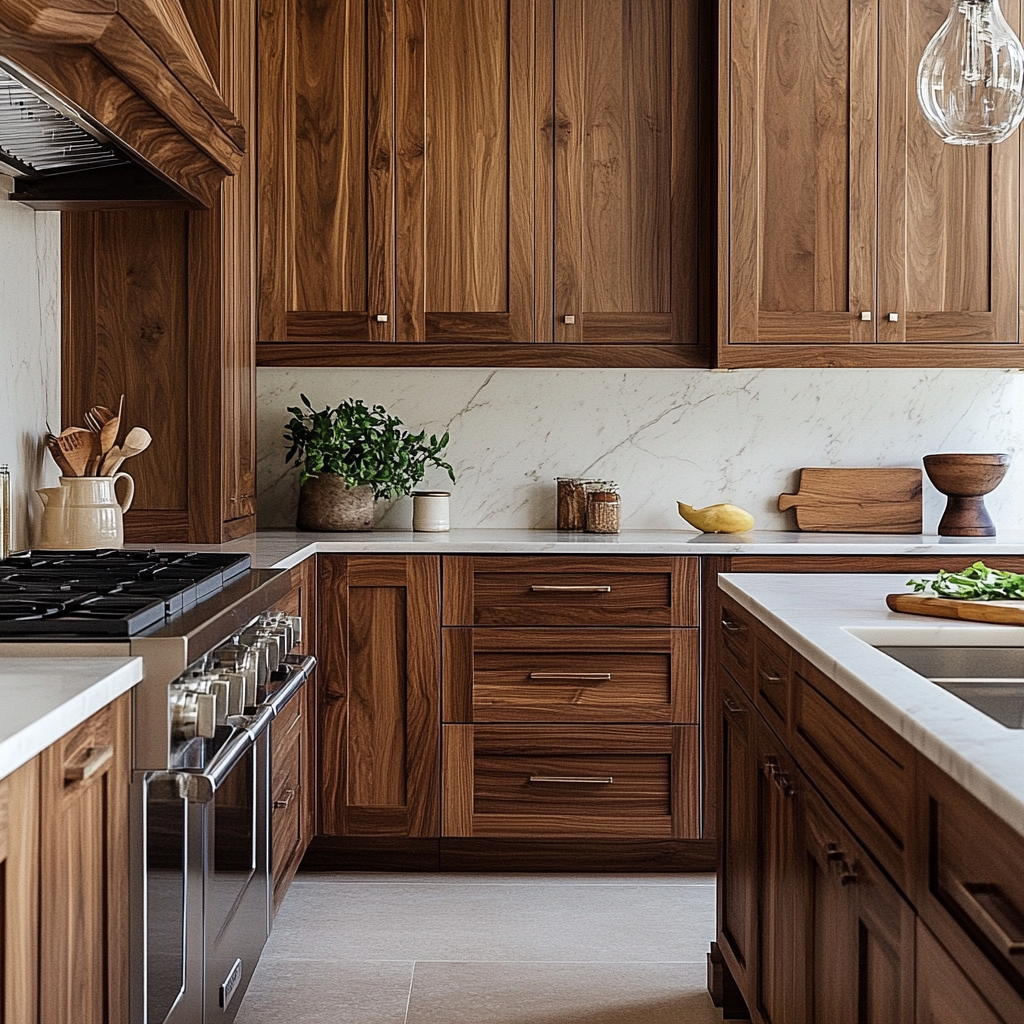 Elegant kitchen with walnut kitchen cabinets, featuring a modern stove, marble backsplash, and wood countertop. The rich walnut cabinets offer a natural grain finish that complements the contemporary design, with ample storage space and sleek, functional hardware.