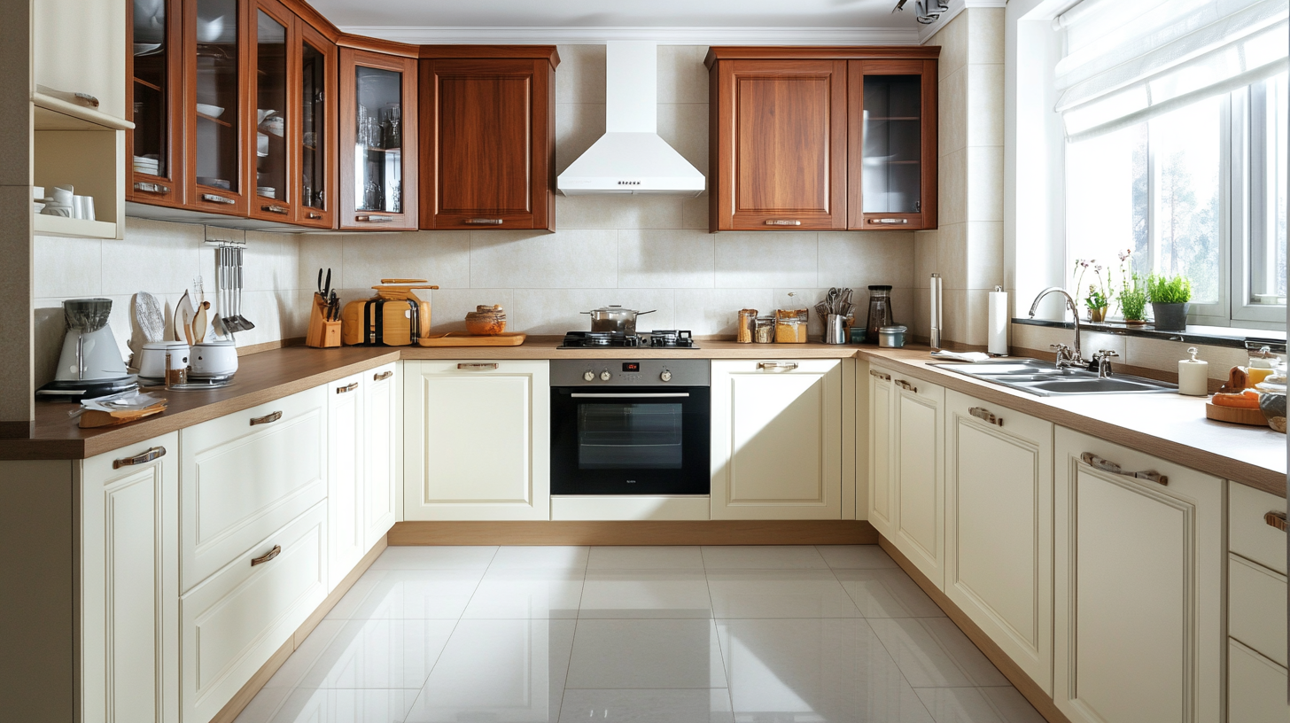 Two-tone kitchen with cream-colored lower cabinets and rich walnut upper cabinets, offering a warm, budget-conscious design.