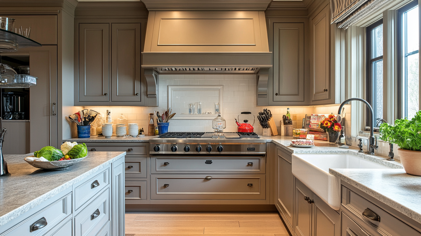 Warm taupe cabinets in a farmhouse-style kitchen with white tile backsplash and stainless steel stove.