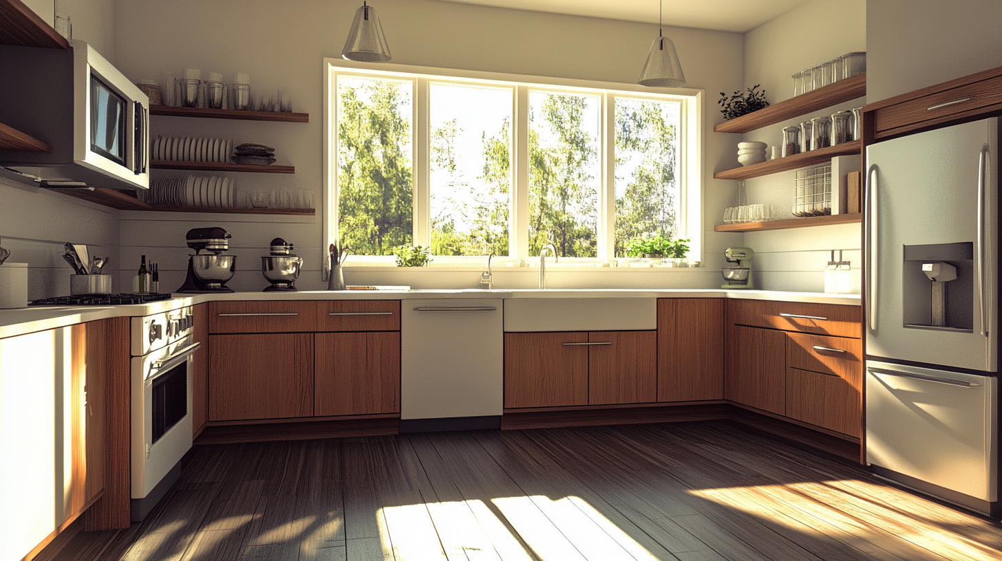 Kitchen with wood grain lower cabinets, matte white upper cabinets, and neutral walls, following a balanced three-tone palette.