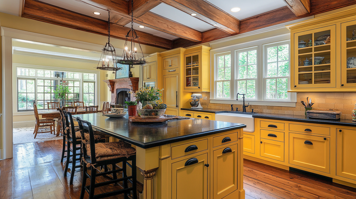 Cheerful yellow kitchen cabinets with black countertops and rustic wood floors in a country-style setting.