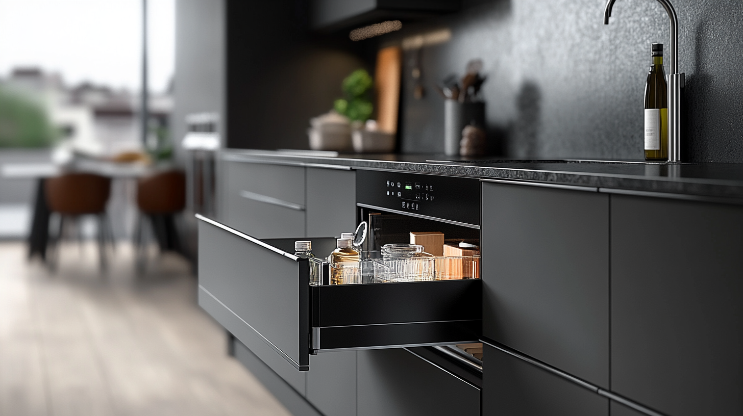 Modern kitchen featuring automatic drawers that open with a simple touch, showcasing a sleek and futuristic design.