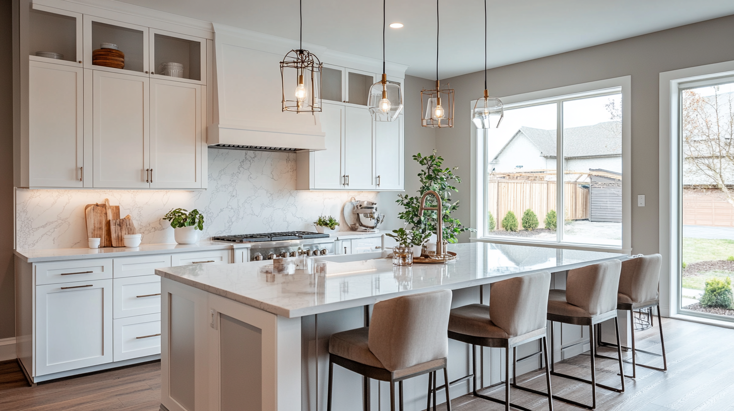 Modern kitchen with classic neutral tones of white and cream, showcasing clean lines and timeless design in the cabinetry and countertops.
