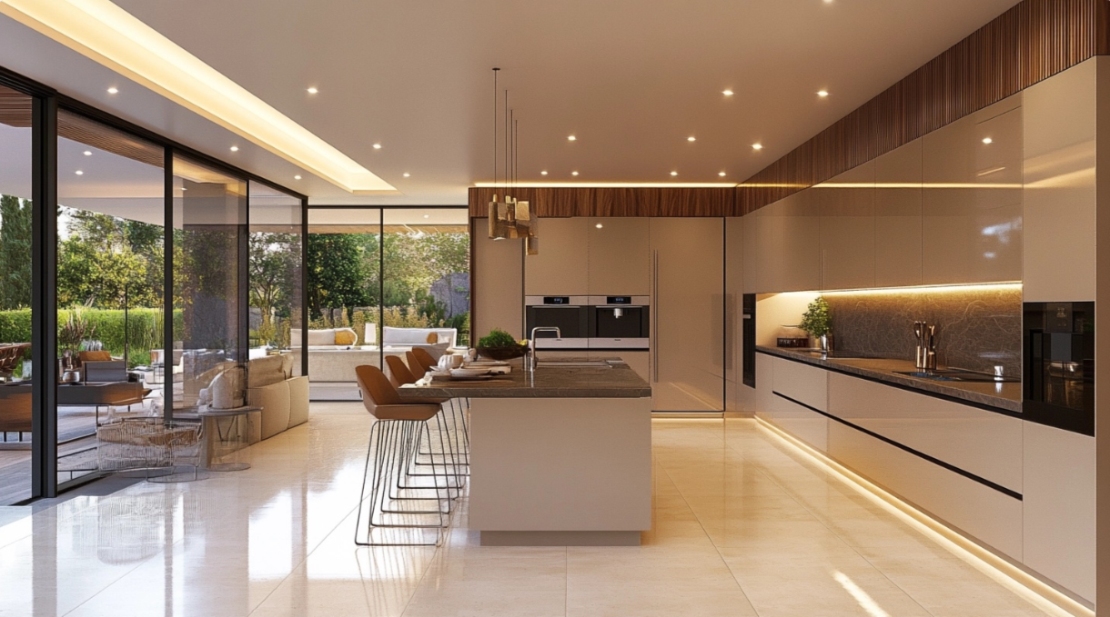 European-style frameless cabinets in a modern kitchen, offering a minimalist design with edge-to-edge cabinetry, creating a sleek and spacious look.