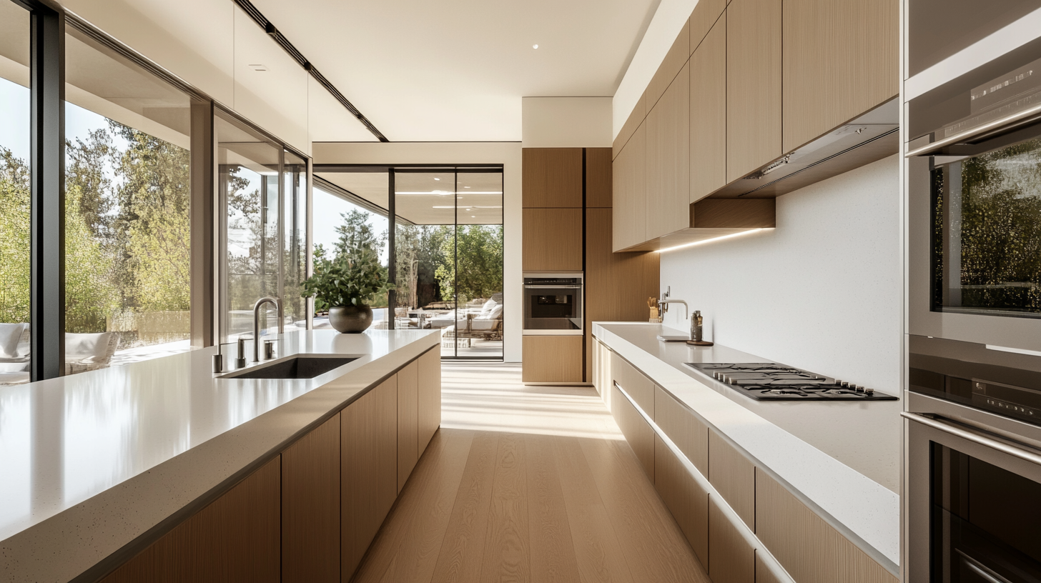 Modern kitchen with frameless cabinets, showcasing space optimization and a sleek, minimalist design that enhances storage capacity and design flexibility.