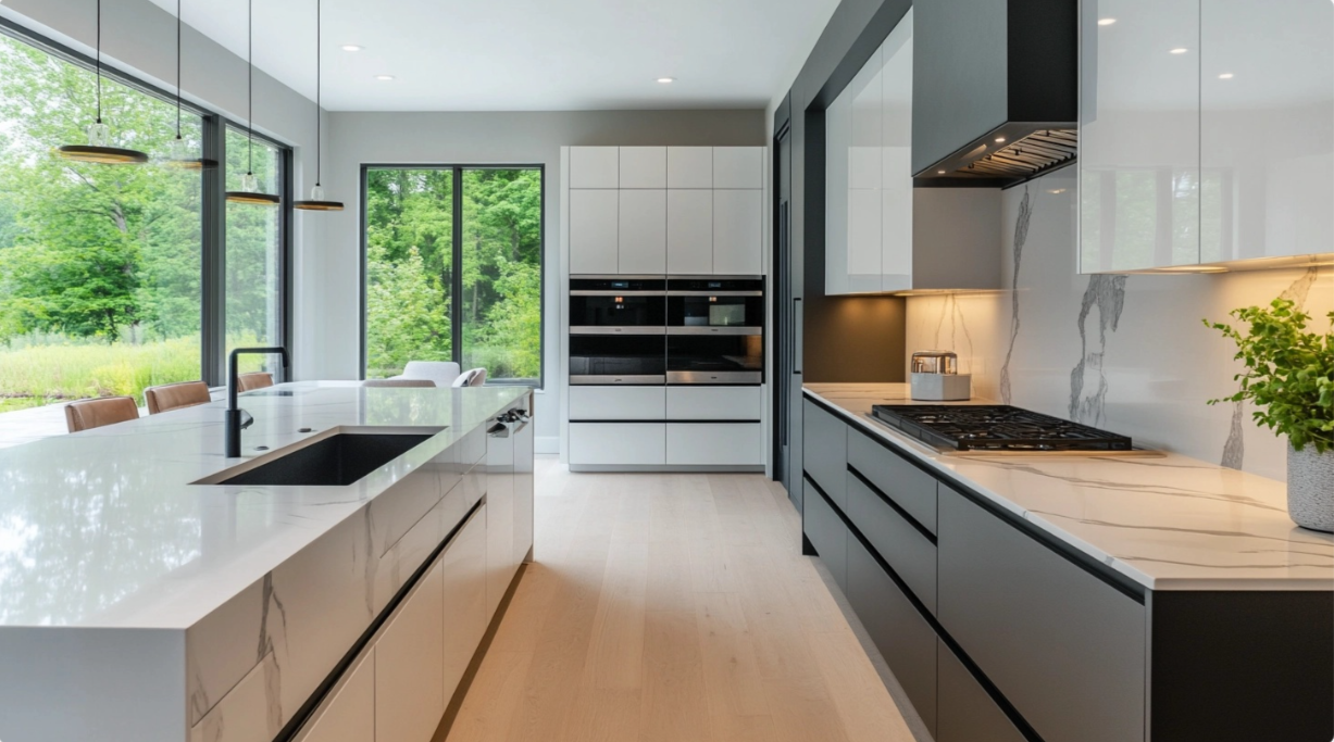 Modern kitchen featuring frameless European-style cabinets with an edge-to-edge design, creating a sleek and sophisticated look perfect for minimalist kitchens.