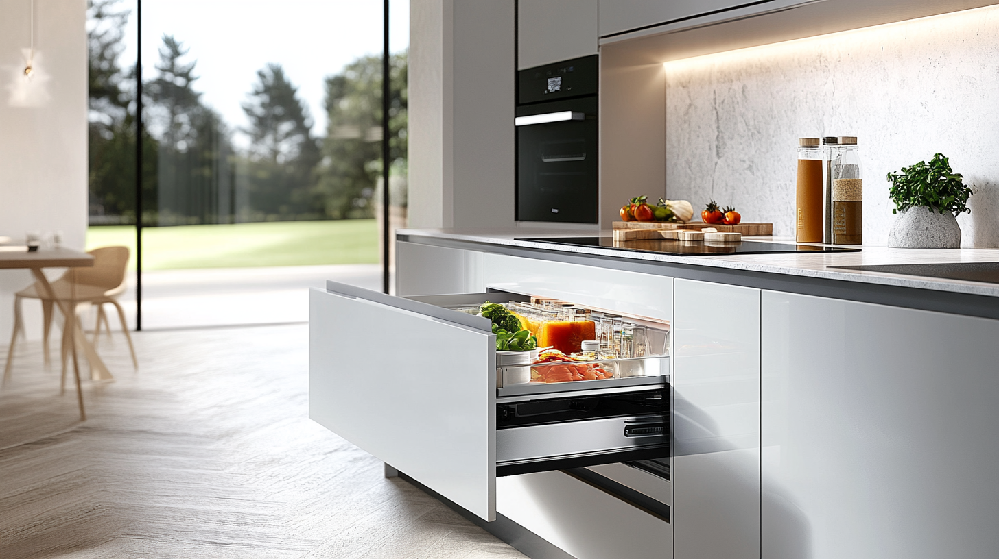 2025 Kitchen Cabinets Trends: What's Shaping the Future of Kitchen Design 1 Modern kitchen featuring a full-extension drawer with fresh produce and organized storage, highlighting smart storage solutions and sleek design.