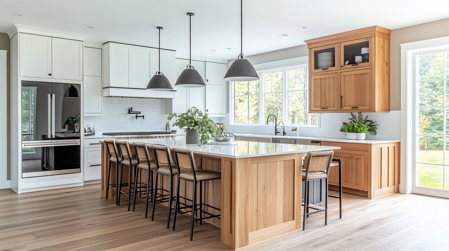 Kitchen with natural wood finishes, featuring light wood cabinetry, white countertops, and modern design elements that create a cozy and welcoming atmosphere.