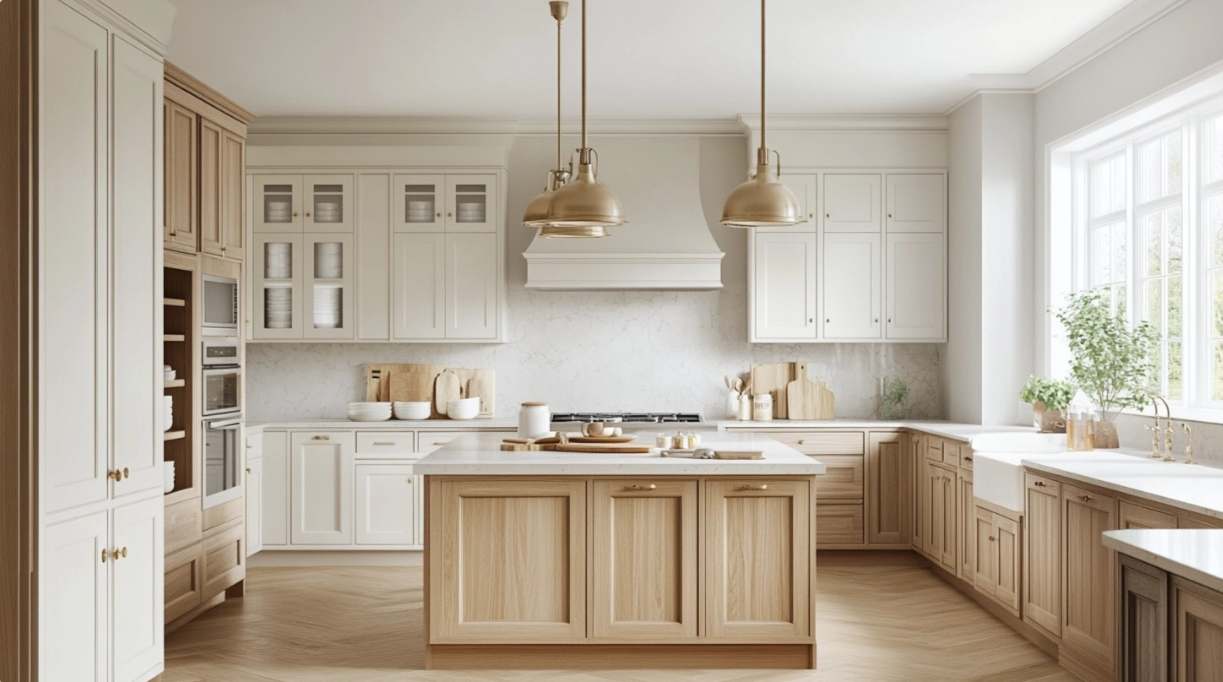 Modern kitchen with Shaker cabinets featuring simple, clean lines and a timeless design, blending traditional and modern elements.