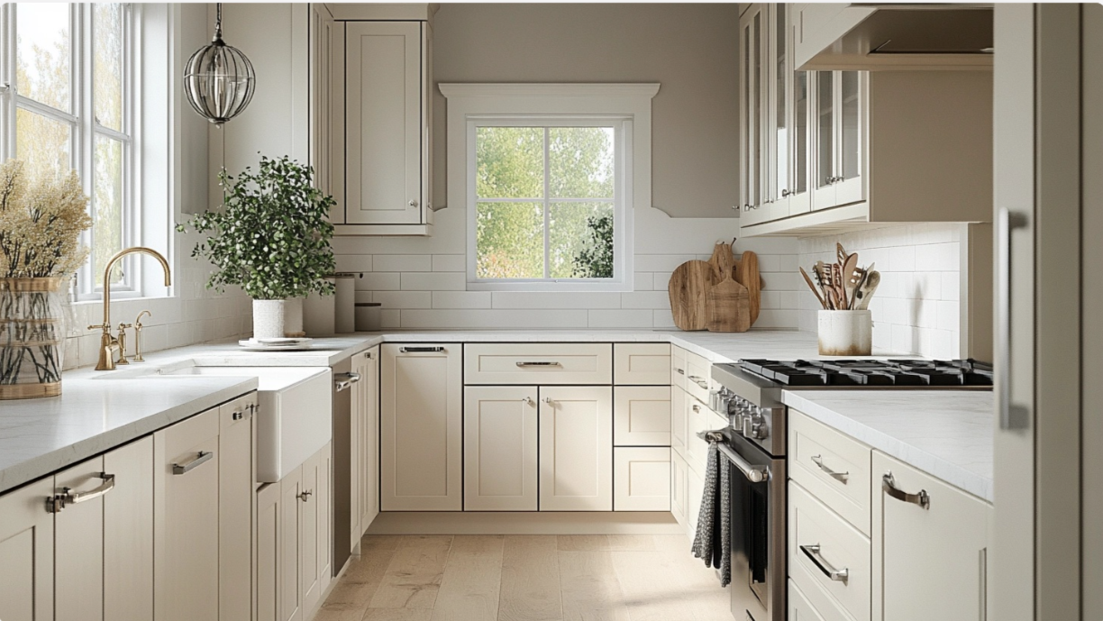 Modern kitchen featuring classic Shaker cabinets with simple, clean lines and functional design, highlighting their timeless and versatile appeal.