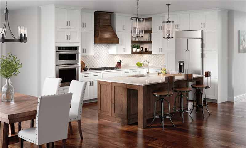 quartz countertop and butcher block countertop