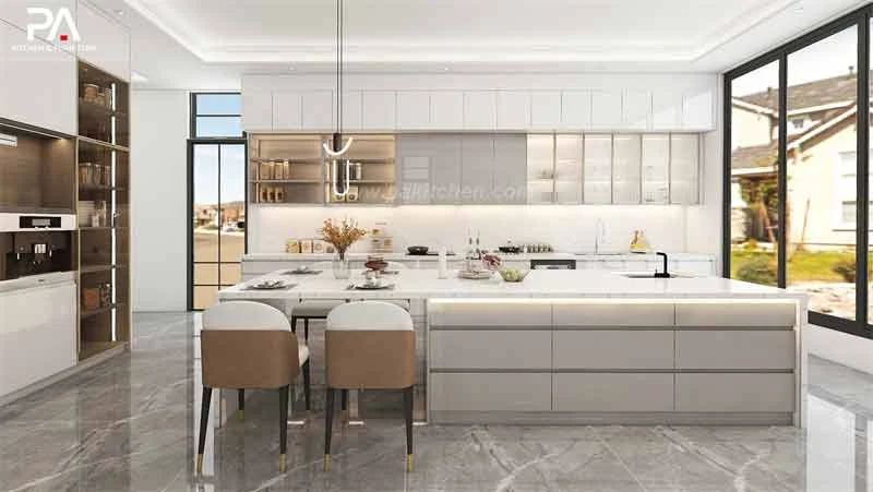 Portas de armário de cozinha de vidro fosco com Backsplash de metal