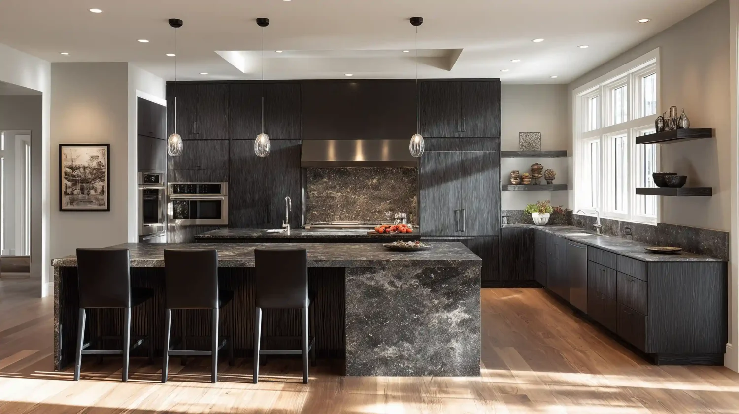 A spacious contemporary kitchen featuring textured black ash cabinets a large island with a matching countertop and light wood flooring