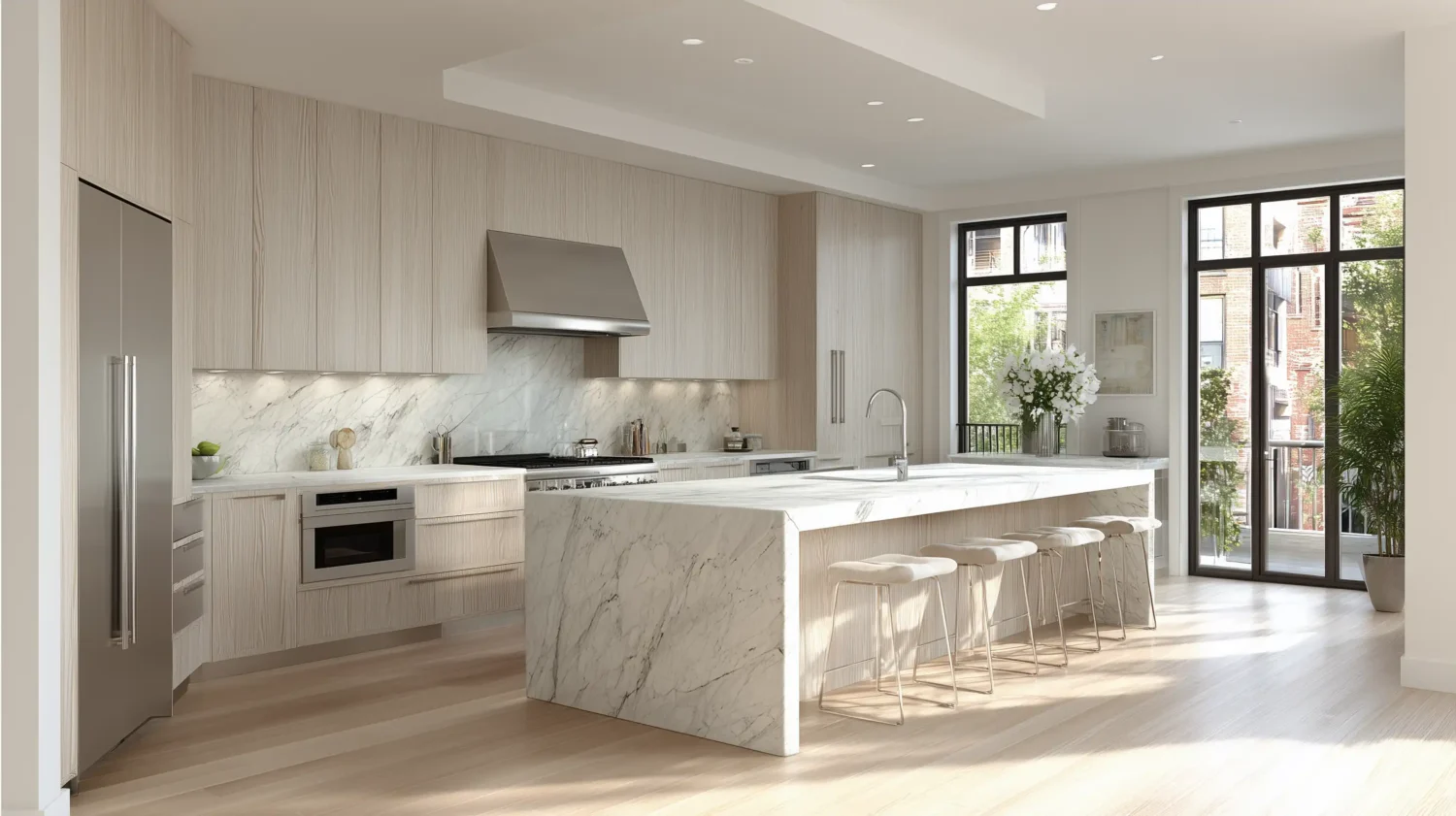 A spacious modern kitchen featuring full height white ash cabinets a large marble island and light wood floors