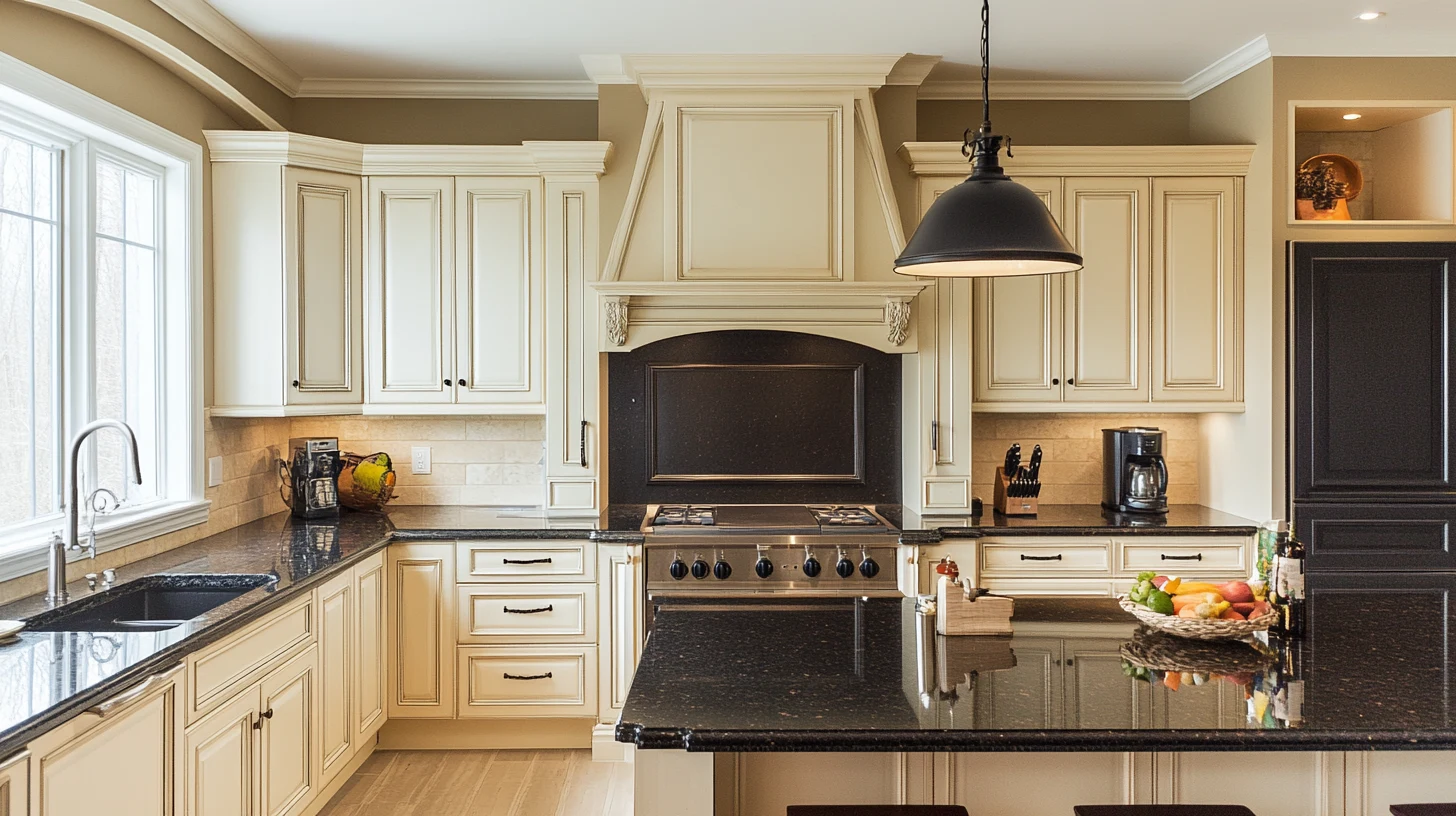 Design de cozinha clássico com armários na cor creme, bancadas em granito preto e eletrodomésticos modernos, oferecendo um visual atemporal e sofisticado.