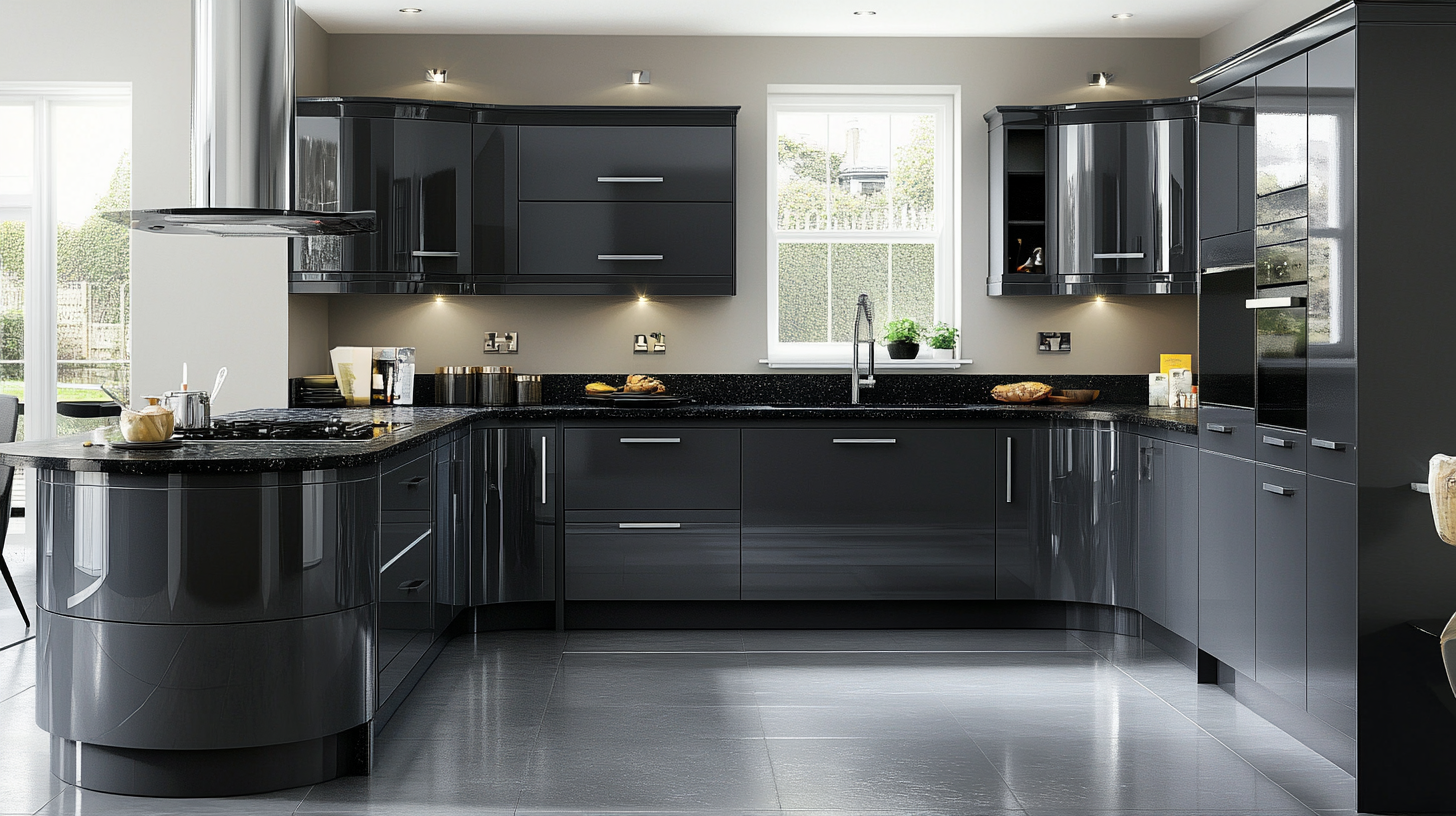 Modern kitchen featuring dark walnut wood cabinets, sleek black granite countertops, and a marble backsplash with subtle lighting.