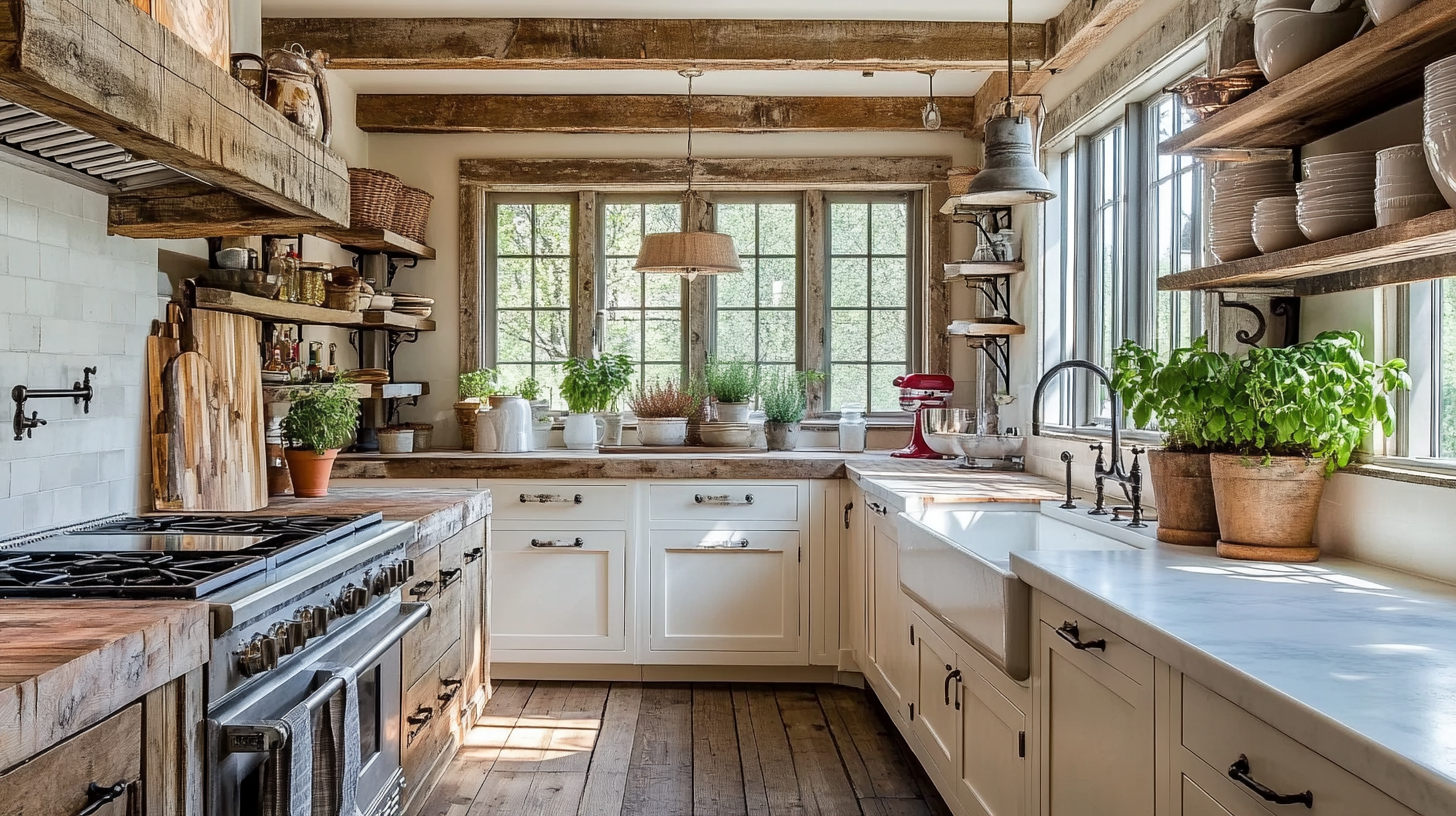 Rustic farmhouse kitchen with RTA cabinets, warm wood finishes, open shelving, and a white apron-front sink.
