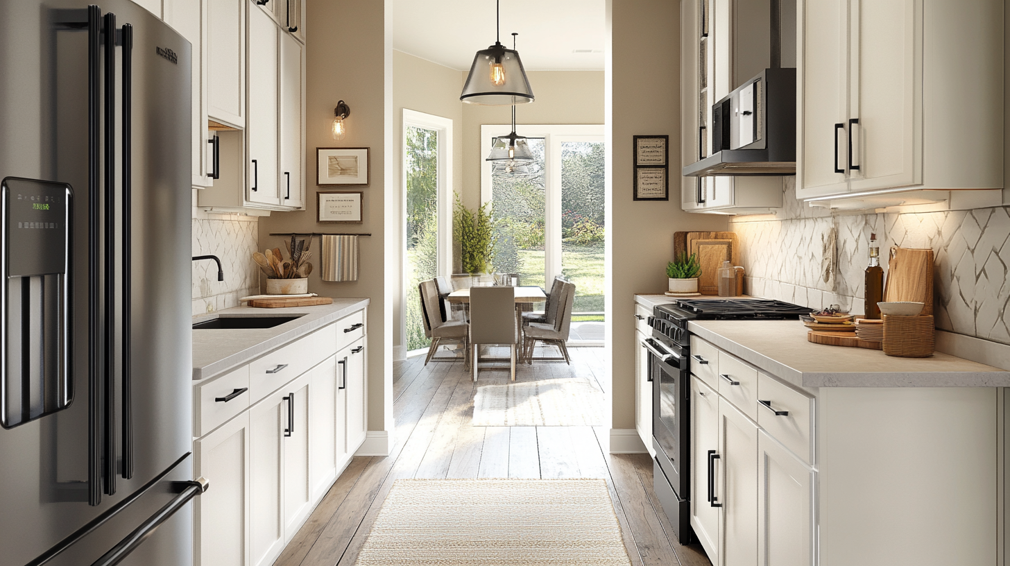 Galley kitchen with white RTA cabinets, stainless steel appliances, and a cozy dining area with natural light.