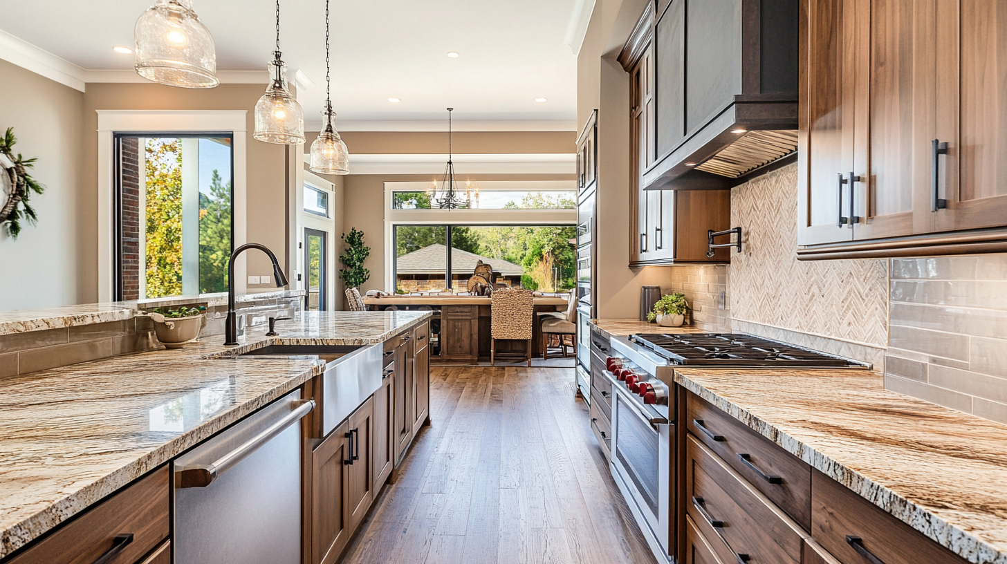 Beautiful kitchen with RTA cabinets featuring rich wood tones, granite countertops, and modern appliances.
