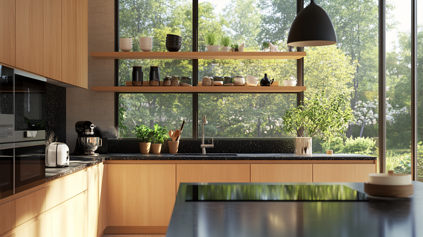 A modern kitchen featuring light wood cabinets, black granite countertops, and open shelving with various plants and kitchen essentials. The space is filled with natural light from large windows, offering a bright and airy atmosphere.