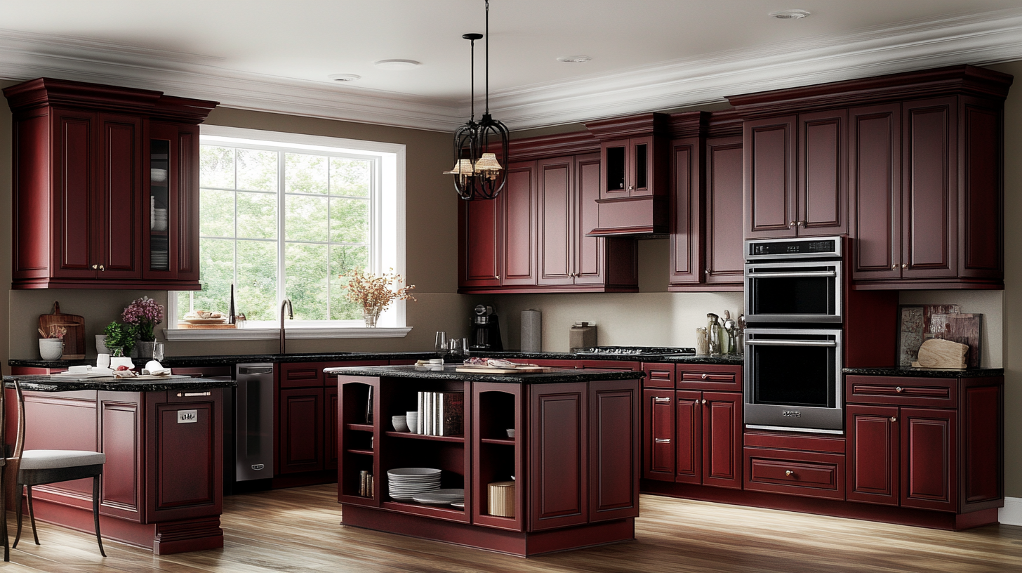 Luxurious kitchen featuring cherry wood cabinets with black granite countertops. The space is illuminated with natural light, highlighting the elegant red tones of the cabinetry. The modern kitchen includes stainless steel appliances, a central island with storage, and a sleek countertop.