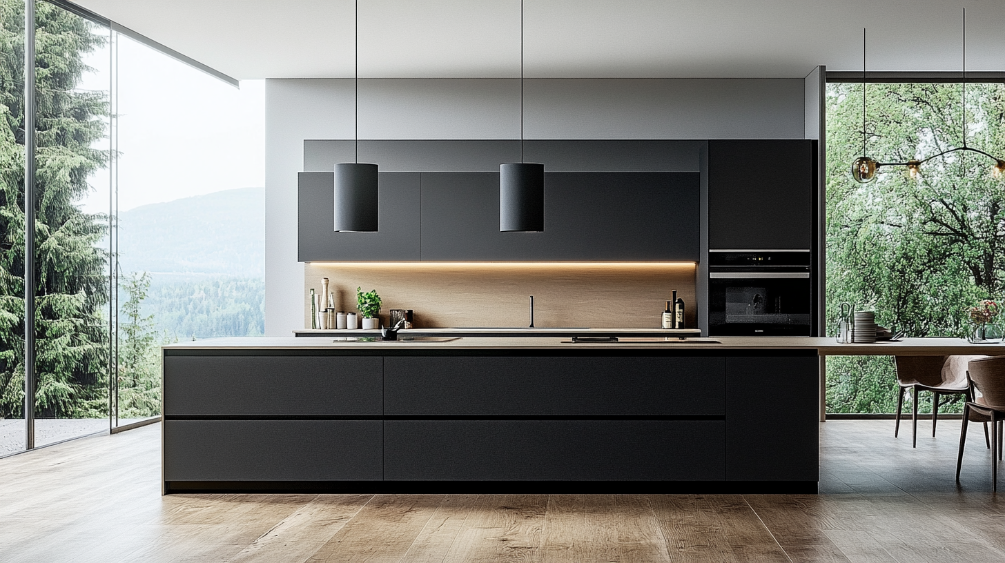 Sleek contemporary kitchen featuring dark RTA cabinets, a light wood countertop, and a panoramic view through large windows.