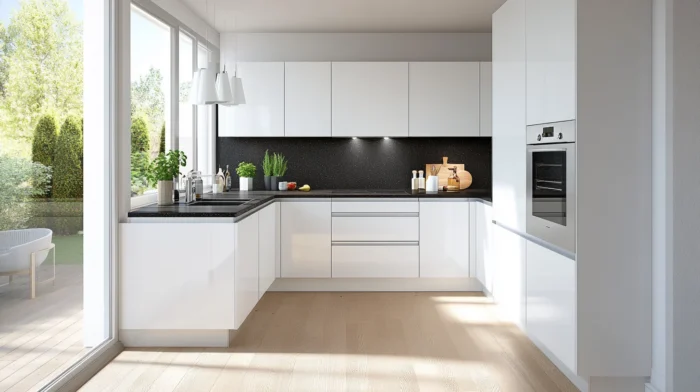 Modern kitchen with white cabinets and black granite countertops, featuring a clean, bright design with plenty of natural light.