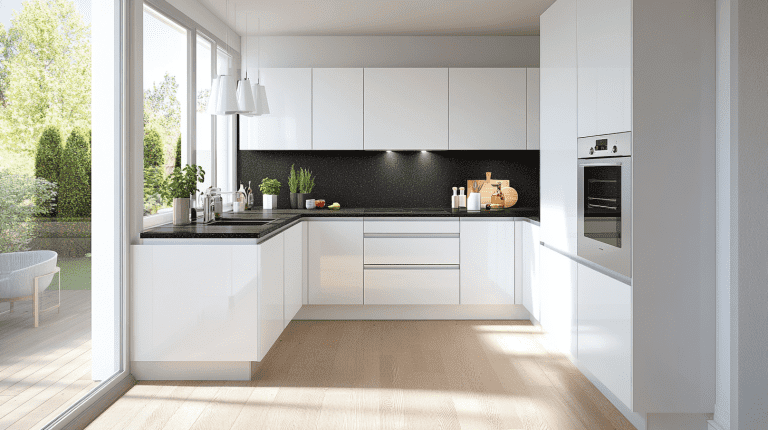 Modern kitchen with white cabinets and black granite countertops, featuring a clean, bright design with plenty of natural light.