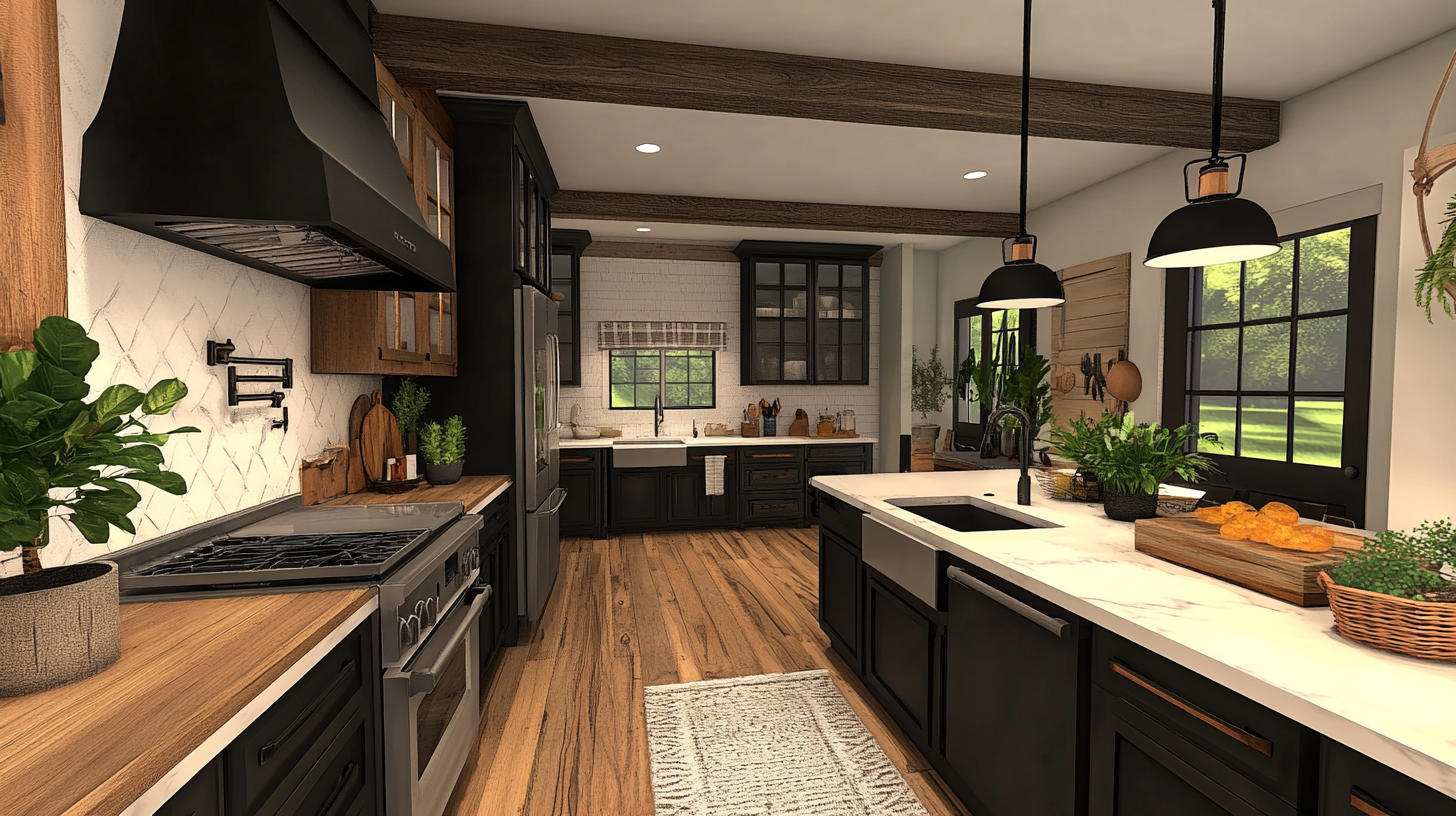 Modern farmhouse kitchen with black and wood RTA cabinets, white marble countertops, and pendant lighting.