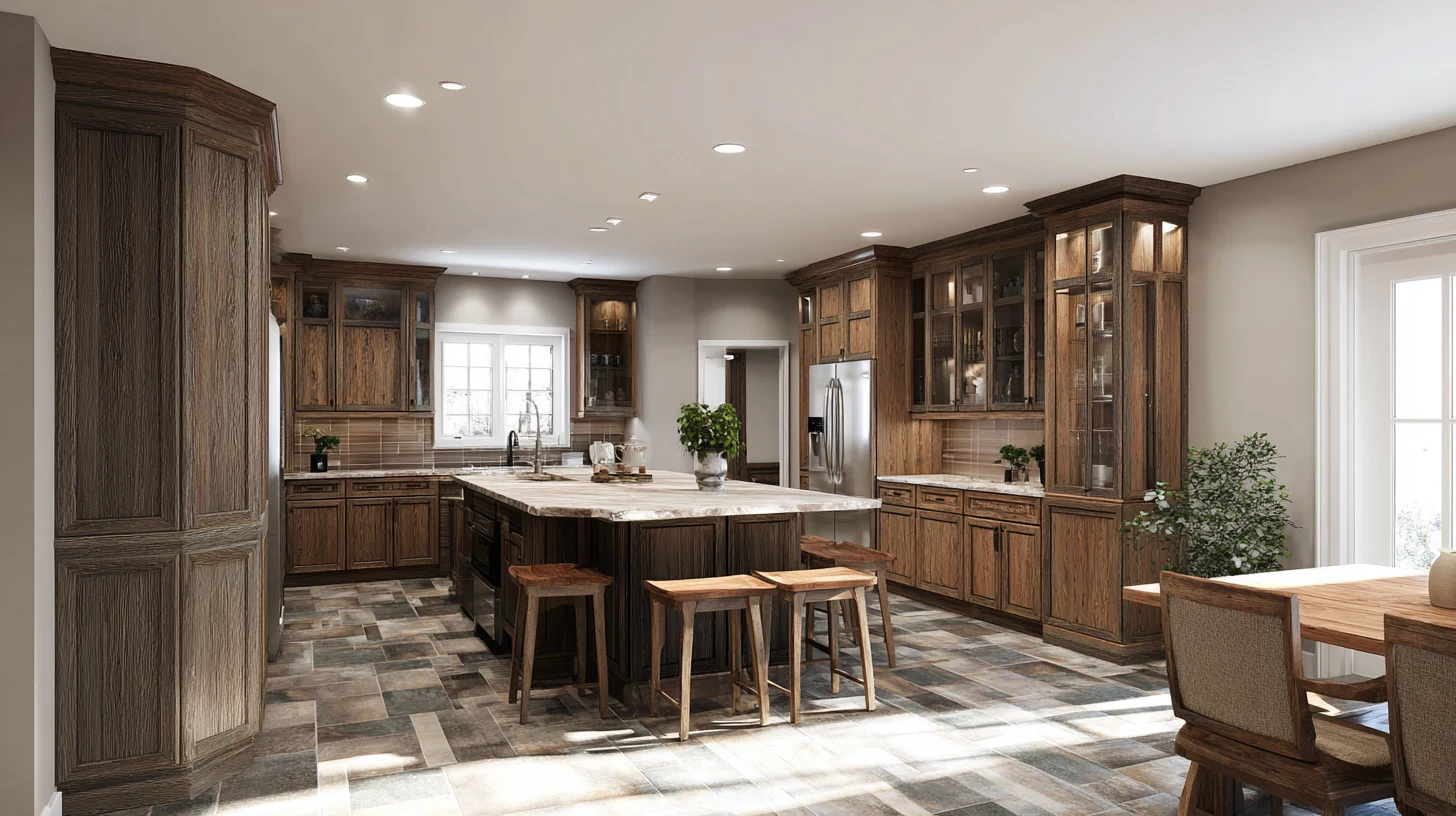 Panoramic view of a transitional kitchen with ash stained cabinets