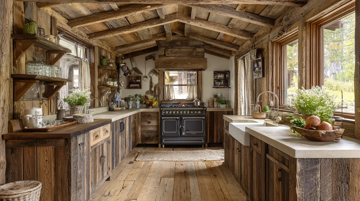 Rustic farmhouse kitchen with reclaimed ash cabinets a large black oven and wooden beams