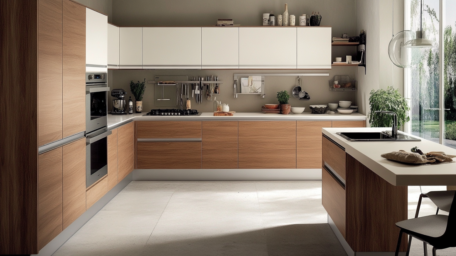 Modern L-shaped kitchen with ready-to-assemble (RTA) cabinets featuring light wood and white finishes, stainless steel appliances, and a clean design.