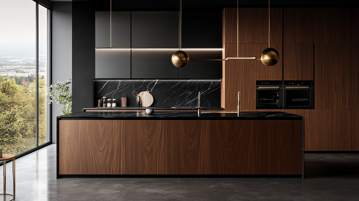 Modern kitchen with walnut cabinets, black granite countertops, and marble backsplash with ambient lighting.