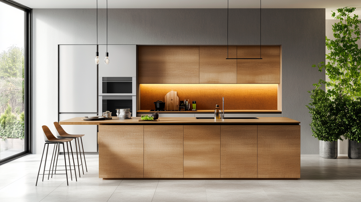 Modern kitchen with wood RTA cabinets, minimalist design, and a spacious island with under-cabinet lighting.