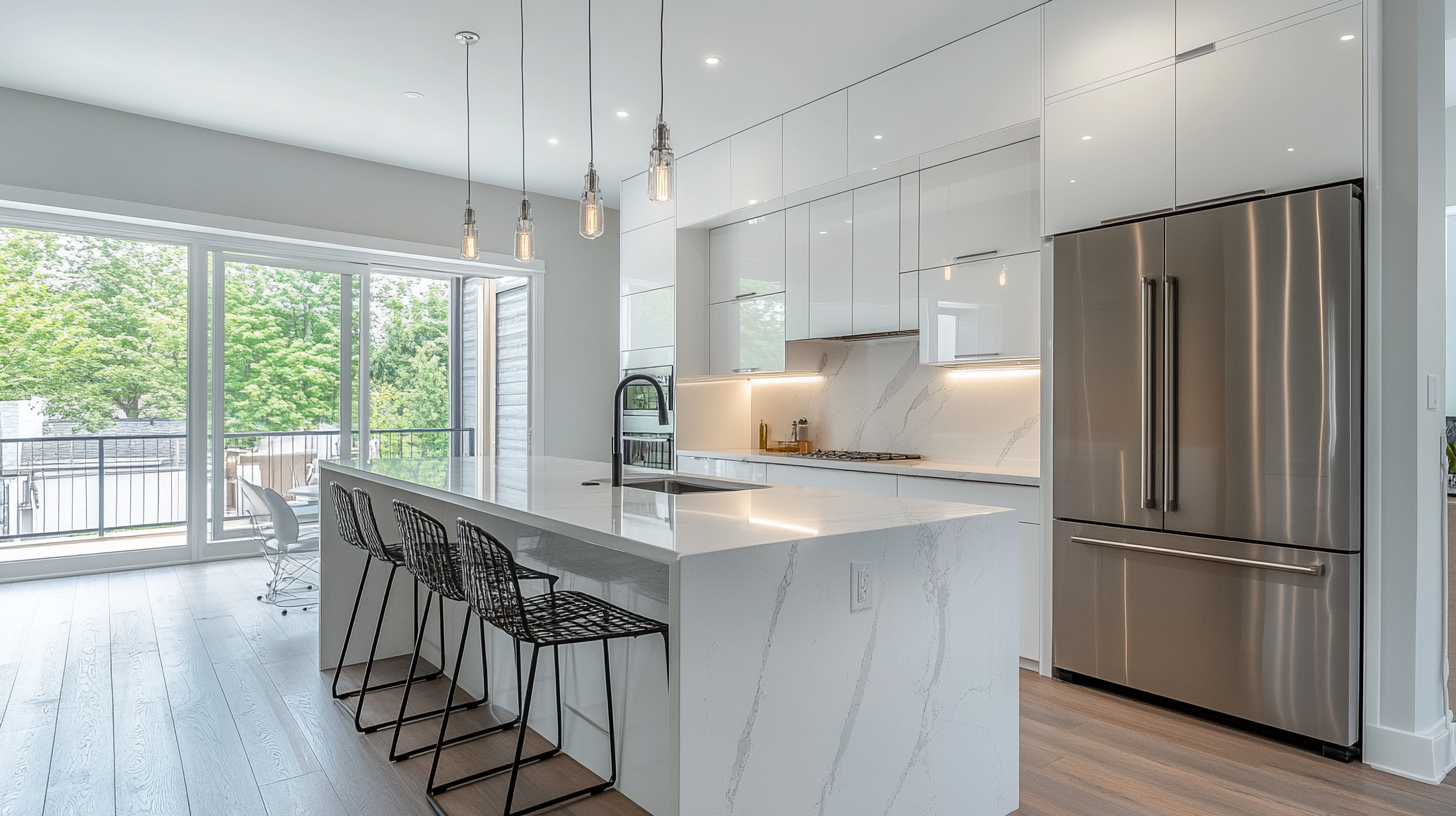 Modern kitchen with glossy white RTA cabinets, minimalist design, marble waterfall island, and stainless steel appliances.