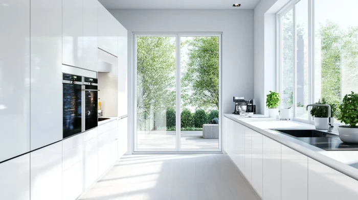 Modern white kitchen with sleek RTA cabinets, built-in appliances, and large windows overlooking a green garden.