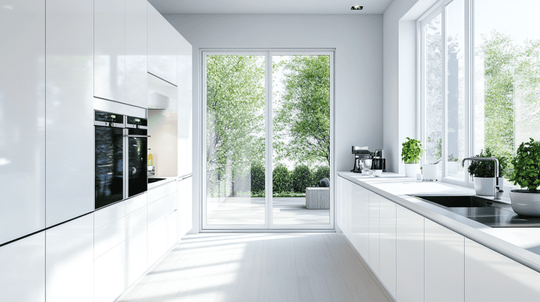 Modern white kitchen with sleek RTA cabinets, built-in appliances, and large windows overlooking a green garden.